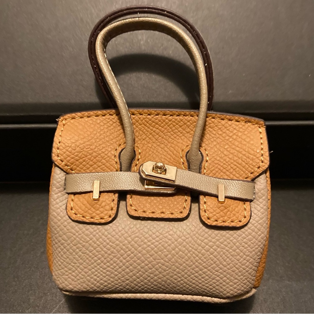 👜 Handmade Mini Tan Orange Faux Leather Birkin AirPods Tote Bag Charm Miniature